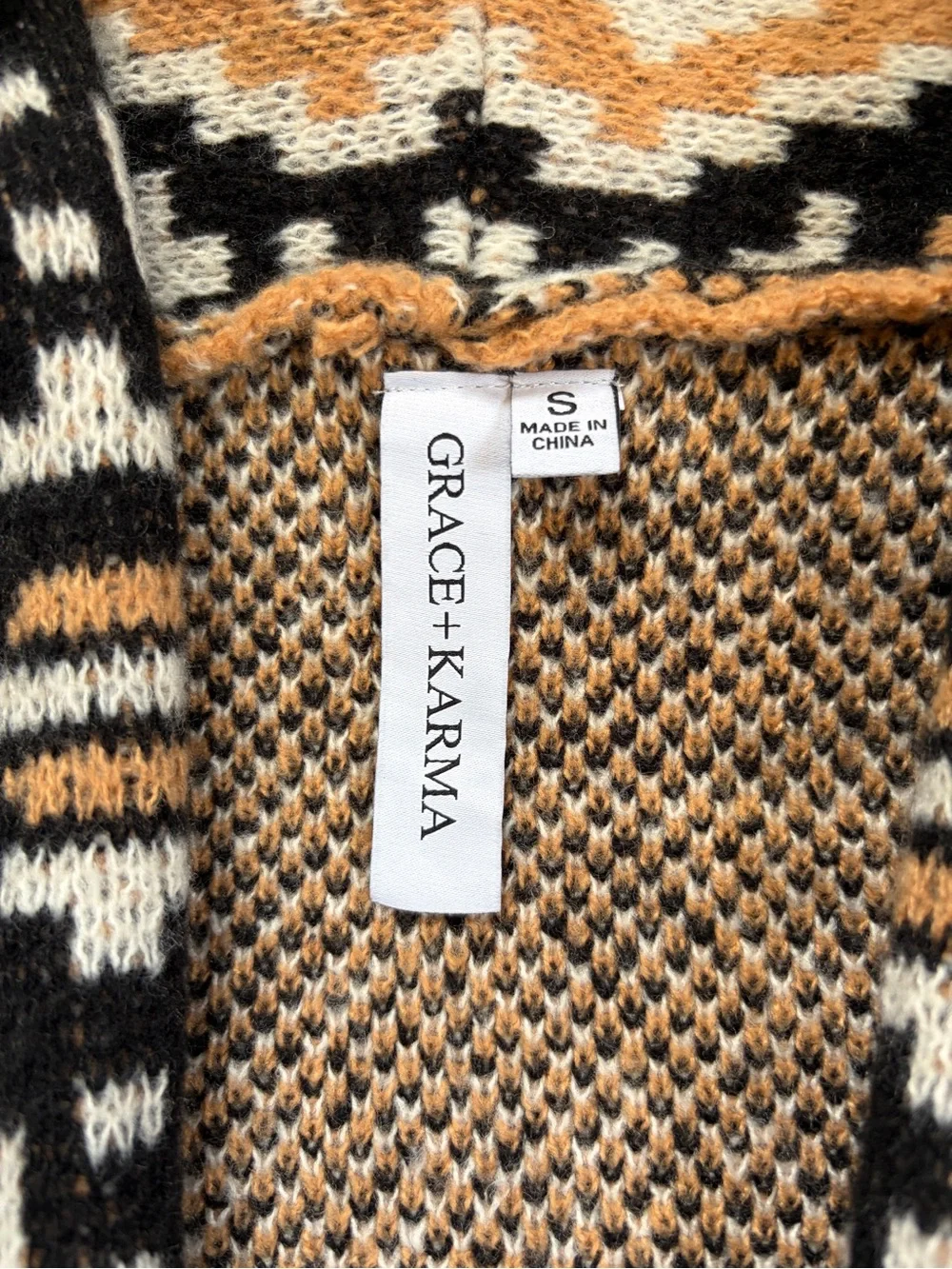 Grace + Karma Fringed Patterned Open-Front Cardigan Sweater Tan Brown Cream - Picture 3 of 4